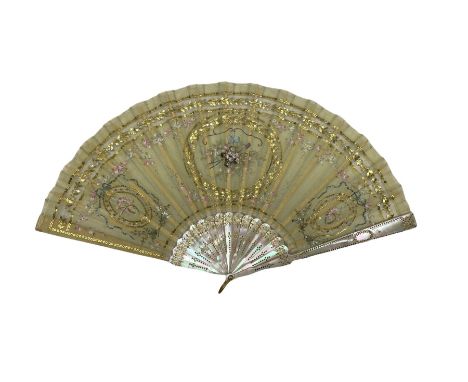 19th century Mother-of-Pearl and silk fan, the central reserve painted with a basket of flowers, flanked by two smaller reser