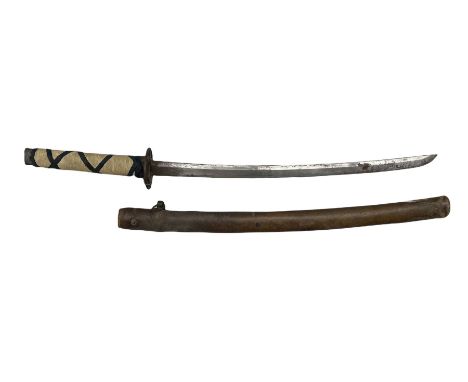 Japanese WW2 wagizashi sword with pierced tsuba in leather covered scabbard, blade length 55cm 