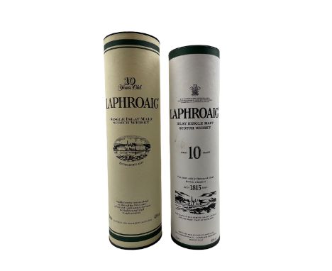 One bottle of Laphroaig 10 years old single Islay malt Scotch whisky, 1 litre 43% Vol and in cardboard tube, another 70cl 40%