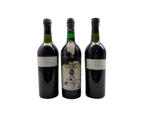 Two bottles of Fonseca vintage port 1963 (labels missing) and a bottle of Warre's tercentenary vintage port 1970