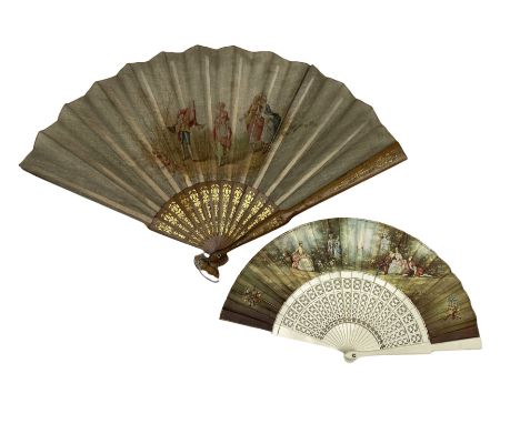 19th century gilt wood fan, the woven silk leaf painted with 18th century figures, together with an ivorine fan the leaf depi