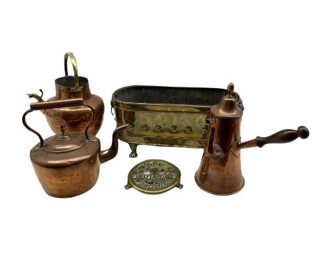 19th century copper coffee pot with turned oak handle, 19th century copper kettle, 'The Cup That Cheers' pierced brass advert