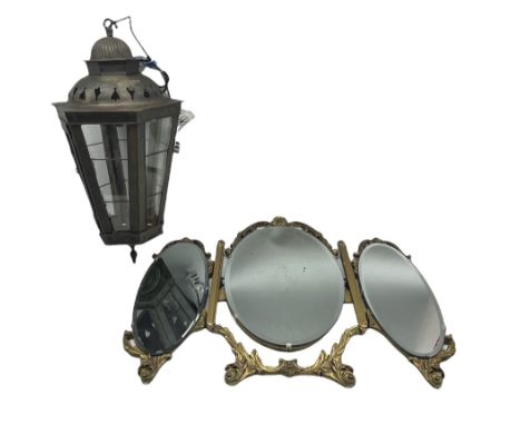 Metal hexagonal hall lantern of tapering form H60cm and a triple division dressing table mirror