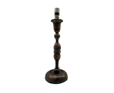 Kashmiri lacquer table lamp, of baluster form with floral decoration, H39.5cm (excluding fitting)