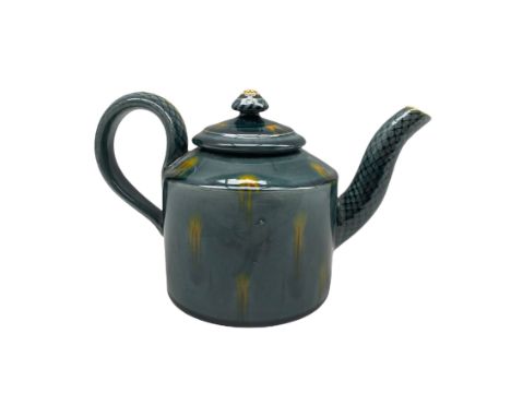 Kevin de Choisy (British 1954-): Wheildon type glazed teapot with scale pattern handle and spout, impressed mark beneath H14.