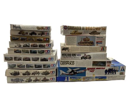 Sixteen plastic model kits including Tamiya 'B.M.W. R75' 1/35 scale, Tamiya 'Russian Heavy Tank KV II' 1/35 scale, Airfix 'Cr