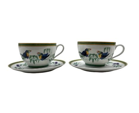 Pair of Hermes Toucan decorated cups and saucers, in original box