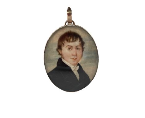 English School - Early 19th century oval miniature head and shoulders portrait on ivory of a young gentleman in gilt metal fr