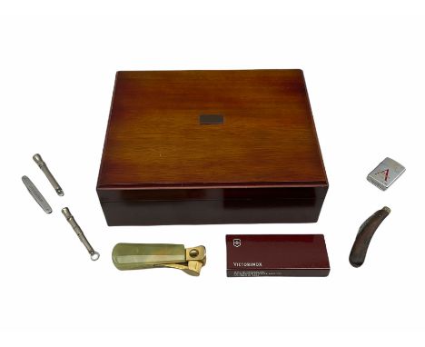 Humidor by Touchwood Designs London 27cm x 21cm containing Colibri onyx cigar cutter, two cigar spikes, penknives, lighter et
