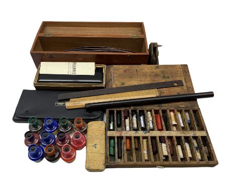 Allbrit planimeter, cased, box of wooden railway curves, Harling beam compass, various rulers,  and other items