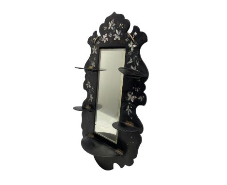 Victorian papier mache wall mirror with folding wall brackets and shell inlay, H56.5cm 