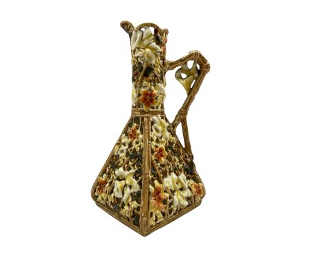Early 20th century Zsolnay Pecs reticulated ewer of square form and decorated with flowers and foliage, H23cm (a/f)