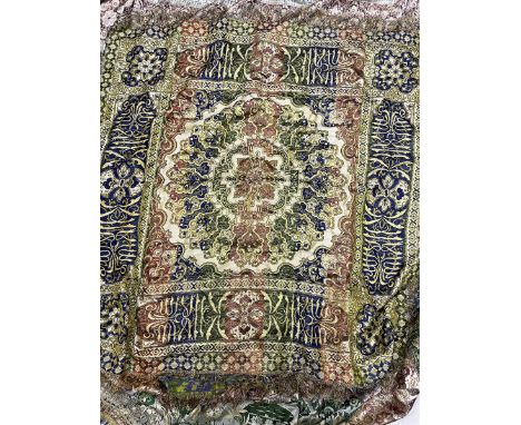 Three silk throws of varying design, one depicting Egyptian figures, another with Pagodas and figures, the other with floral 
