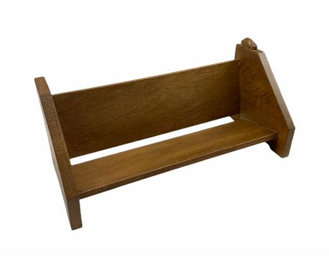 Oak 'Rabbitman' book trough by Peter Heap of Wetwang with carved rabbit signature L48cm