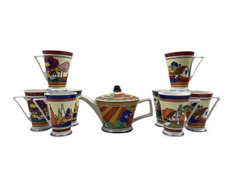 Set of eight Clarice Cliff Design mugs by Wren and a similar teapot (9)