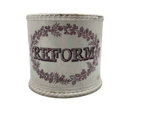 19th century Reform commemorative tankard, probably by Chetham &amp; Robinson, printed in purple with a half portrait of Lord