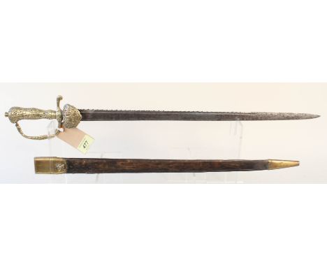 A British 'hunting sword' circa 1750, brass hilted with shell style crossguard both heavily embossed brass, as is knuckle bar