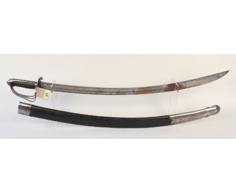 An Indian 'issue' Cavalry Troopers sabre, circa 1850 with leather scabbard, blade marked W.C.Jelly