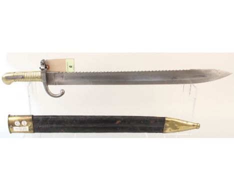 A Belgium model 1868 Pioneer (sawback) bayonet with brass mounted leather scabbard