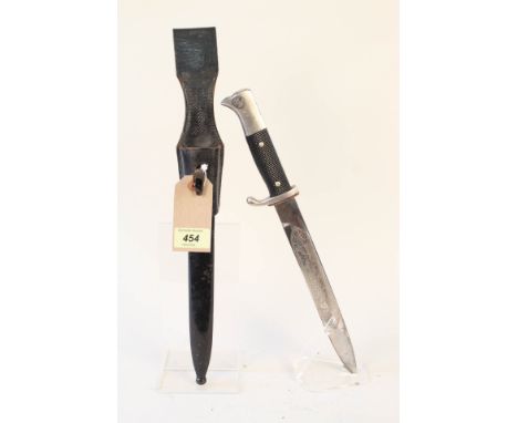 A German Third Reich era K98 dress bayonet by Robert Klass with scabbard and leather frog, with etched blade dedication for R