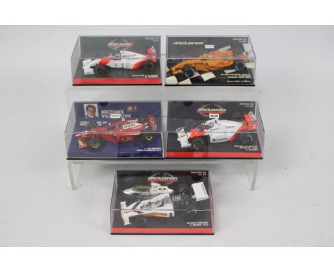 Minichamps - 5 x boxed F1 cars in 1:43 scale including Keke Rosberg's 1896 British G.P McLaren Tag MP4/2C, 1973 McLaren Ford 