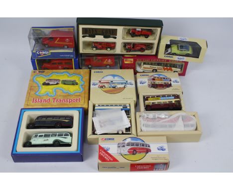 Corgi, Padgett Bros, Lledo - 14 x boxed die-cast model buses, vans, and cars - Lot includes a   #97741 Corgi Island Transport