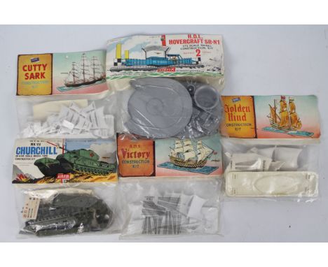 Airfix - 5 x unopened bagged vintage model kits, MkVII Churchill Tank # A4V, Hovercraft SR-N1 # 237, Cutty Sark, HMS Victory 