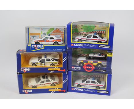 Corgi - 6 x boxed Police cars in 1:36 scale including 3 x Rover 800s # C438/2, # 59201, 2 X Ford Sierra Cosworth # 91870, For