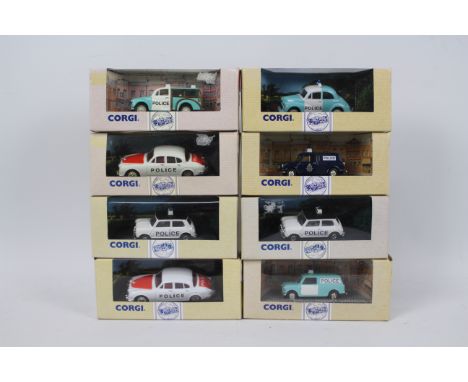 Corgi - 6 x boxed Police cars in 1:43 scale including Mini Cooper in Liverpool livery # 98141, Morris Minor in Merthyr Tydfil