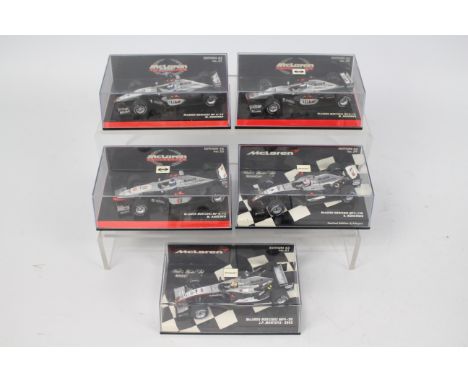 Minichamps - 5 x boxed McLaren Mercedes F1 cars in 1:43 scale including limited edition Kimi Raikkonen's MP4-19B, J.P. Montoy