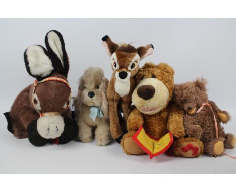 Merrythought, and others - Five plush/soft toys to include two by Merrythought: 1 x Pyjama case donkey in a sitting position 