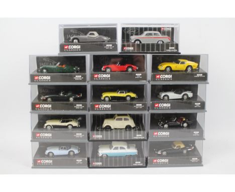 Corgi - A group of 14 x boxed cars in 1:43 scale including Ford Cortina in grey / red # 01301, Ferrari 250 GTO in yellow # 02