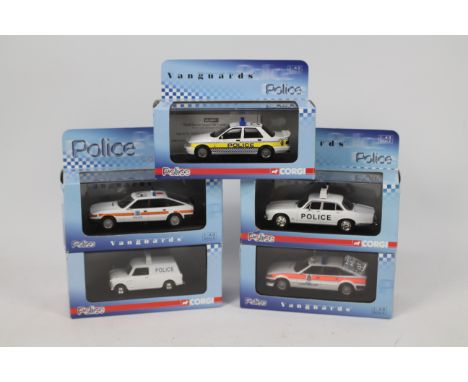 Corgi Vanguards - 5 x boxed Police cars in 1:43 scale including limited edition Ford Sierra Sapphire Cosworth 4x4 in Devon An