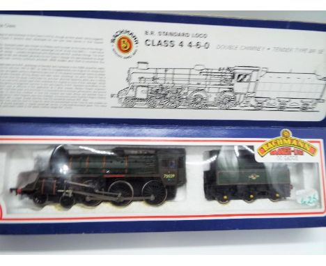 Bachmann - an OO gauge model class 4, double chimney,  4-6-0 locomotive and tender, running no 75029, BR green lined livery, 