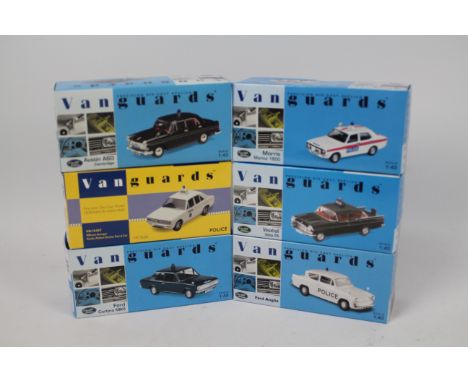 Corgi Vanguards - 6 x boxed Police cars in 1:43 scale including Hillman Avenger in Garda livery # VA10407, Morris Marina in E