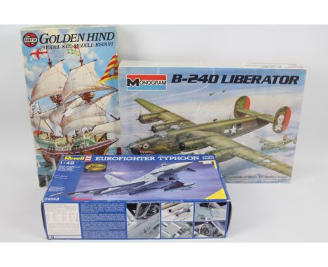 Revell - Airfix - Monogram - 3 x boxed model kits, The Golden Hind # 09258-4, a B-24D Liberator in 1/48 scale # 5604 and a Eu