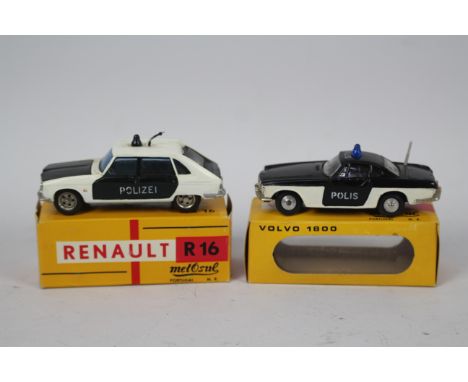 Metosul - 2 x boxed Police cars in 1:43 scale, a Renault 16 in Polizei livery # 14 and a Volvo P1800 in Polis livery # 18. Th