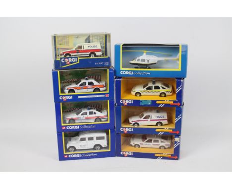 Corgi - 8 x boxed Police vehicles in 1:36 scale including Ford Sierra in Essex livery # 358, BMW 525 # 57801, Ford Escort Van