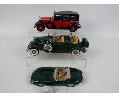 Franklin Mint - 3 x unboxed cars in 1:24 scale, Jaguar E Type, Mercedes 770K Grosser and Cadillac V16 Dual Cowl Phaeton. They