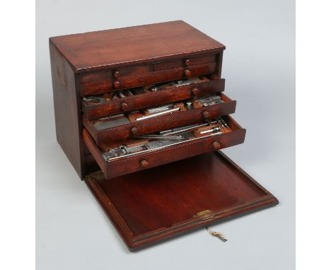 A Victorian mahogany collectors chest later fitted with engineers tools makers L. S. Starrett Co. U. S. A. 35cm wide. 