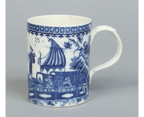 A Caughley cylindrical tankard having scrolling handle with moulded thumb rest. Printed in underglaze blue with the Fisherman