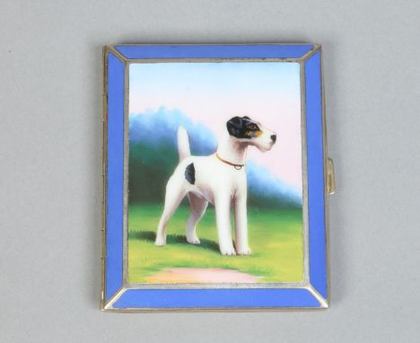 A George V white metal cigarette case. Decorated in enamel to the cover with the portrait of a terrier, 8.5cm. Condition Repo