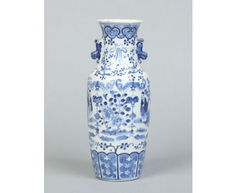 A 19th century Chinese twin handled blue and white vase with pleat moulded collar. Painted in underglaze blue with figures in