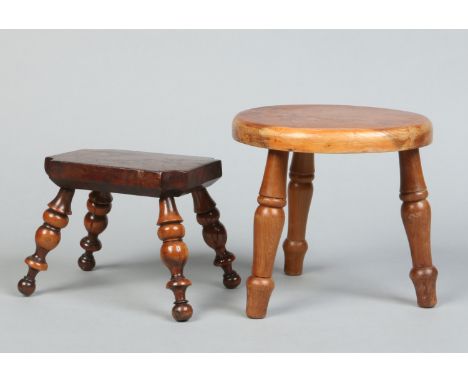 A 19th century burr walnut and yew wood lace makers lamp stool raised on splay turned supports along with another small yew w