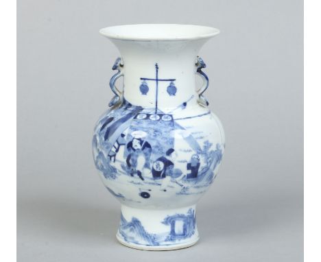 A 19th century Chinese blue and white vase. With twin handles formed as ruyi sceptres and painted in underglaze blue with a p