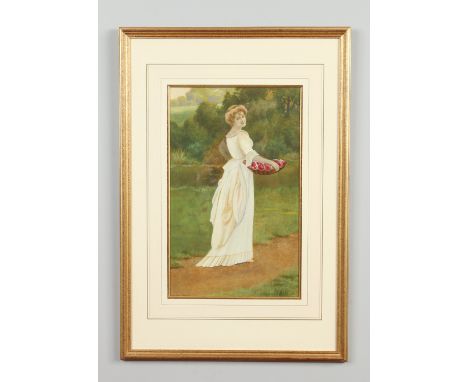 Herbert Blande Sparks (1870-1916), gilt framed gouache, portrait of a maiden carrying a basket of roses. Signed, 44cm x 27cm.