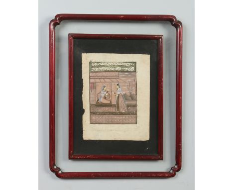 An antique Persian illustrated manuscript page, with a pair of maidens and with two lines of text, 22cm x 17.5cm. Condition R