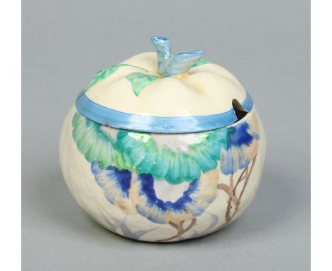 A Wilkinson Pottery Clarice Cliff Bizarre range apple preserve pot and cover. Decorated in overglaze enamels with the Viscari