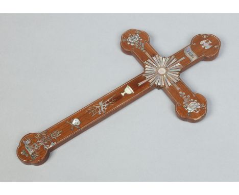 A 19th century Chinese export hardwood cross with mother of pearl inlays, 36.5cm. Condition Report. To be used as a guide onl