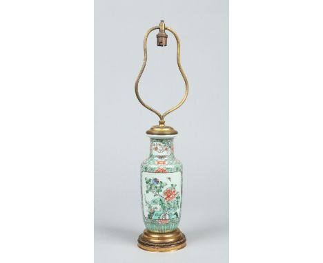 A Chinese famille vert rouleau vase converted to a tablelamp with gilt metal mounts, total height 55cm. Condition Report. To 